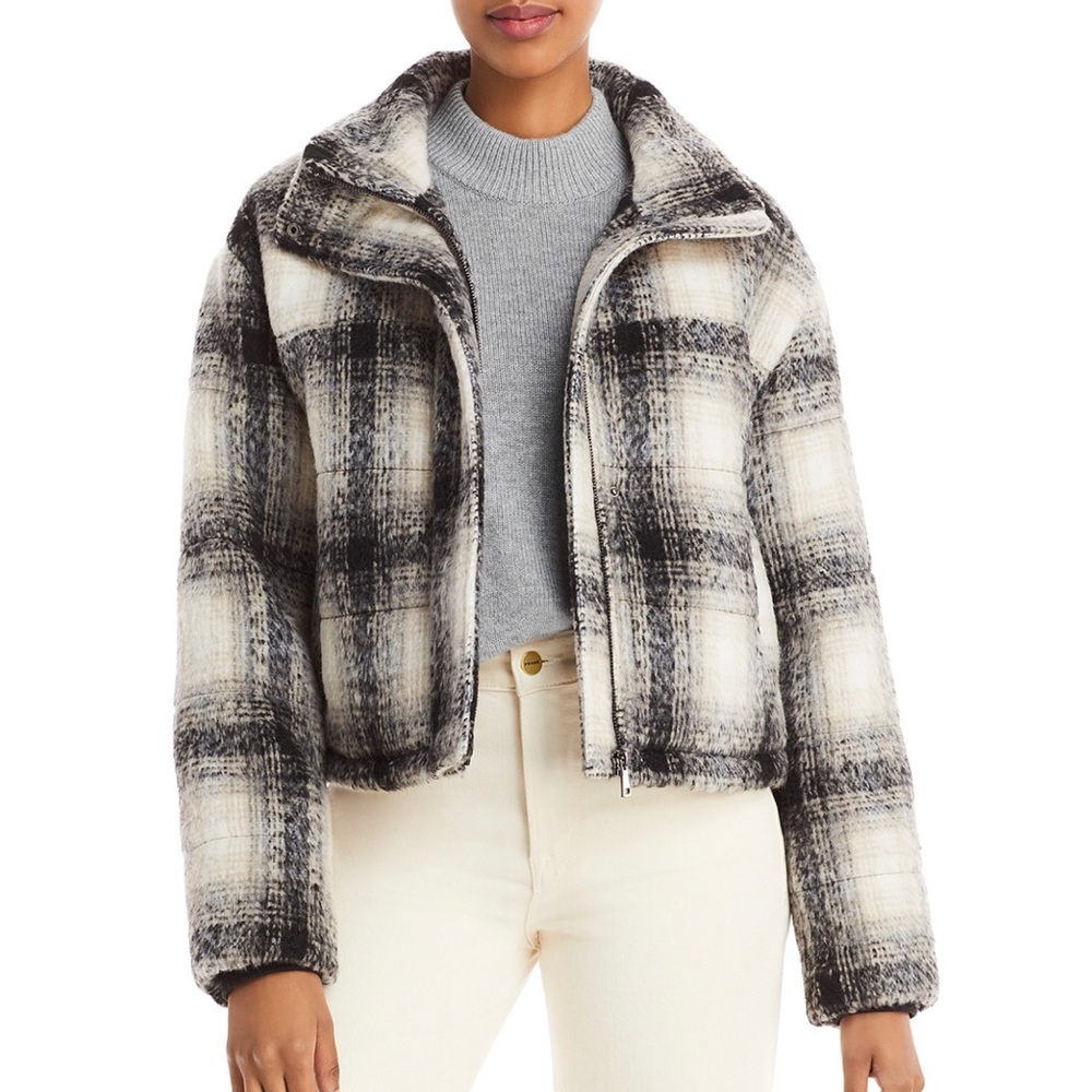 Bagatelle NYC beige neutral plaid XS cropped puffer jacket